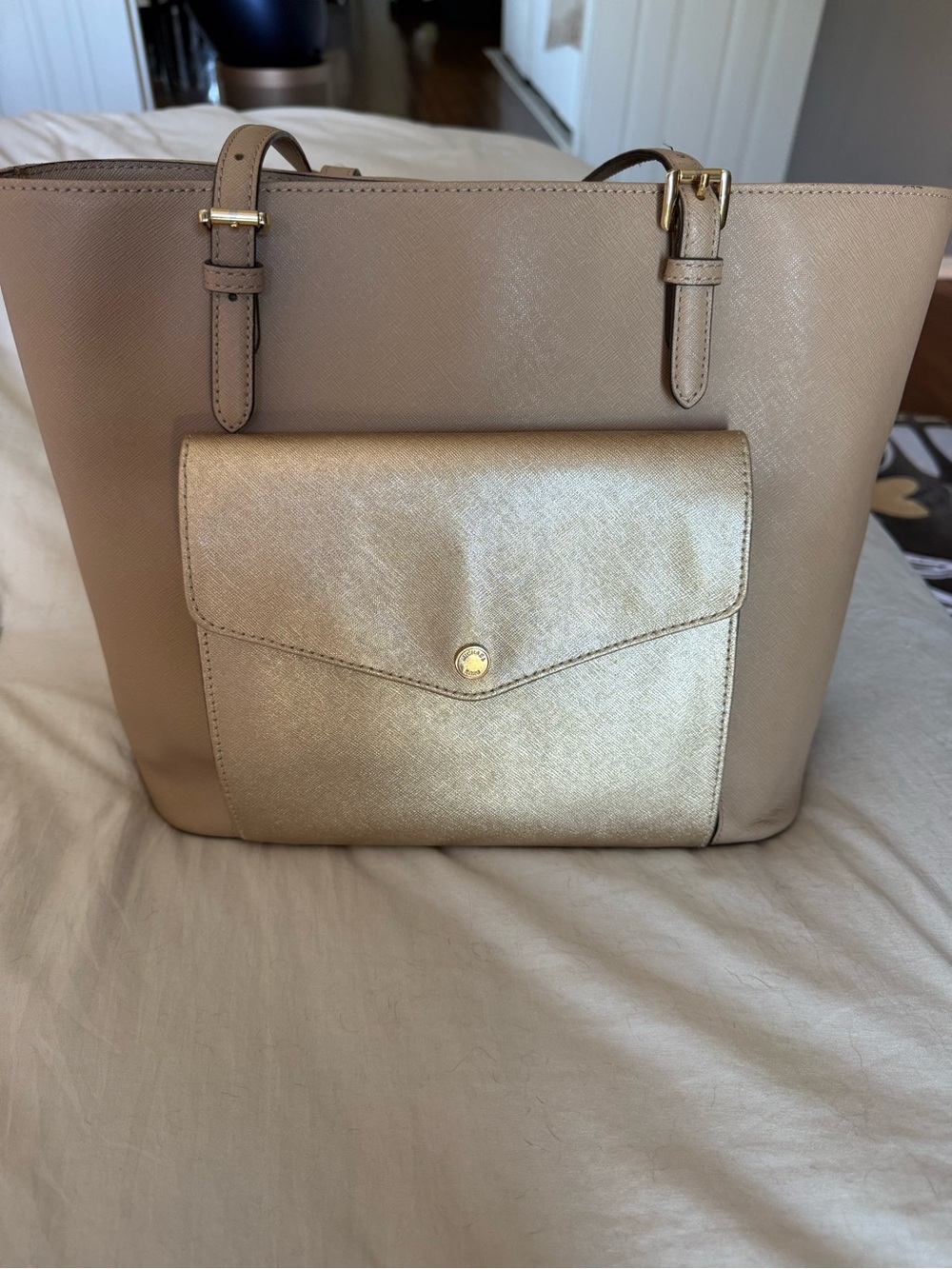 MICHAEL Michael Kors Beige Tote with Gold Front Pocket